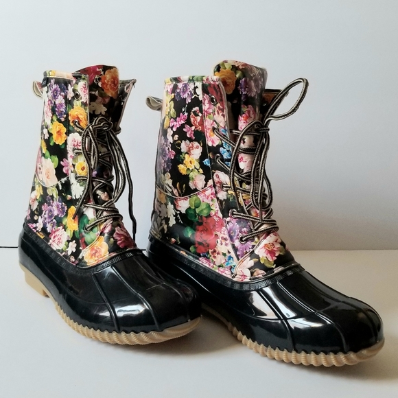 NWOT Jands Floral Mid-calf Duck Boots Women's Sz 10 - Picture 1 of 9